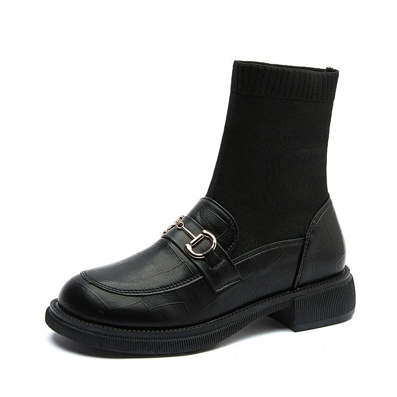

Boots DXINZHIwomen Boot Spring And Autumn Socks Female British Style Loafers Mary Jane Short Thin Wild Single, Black glossy