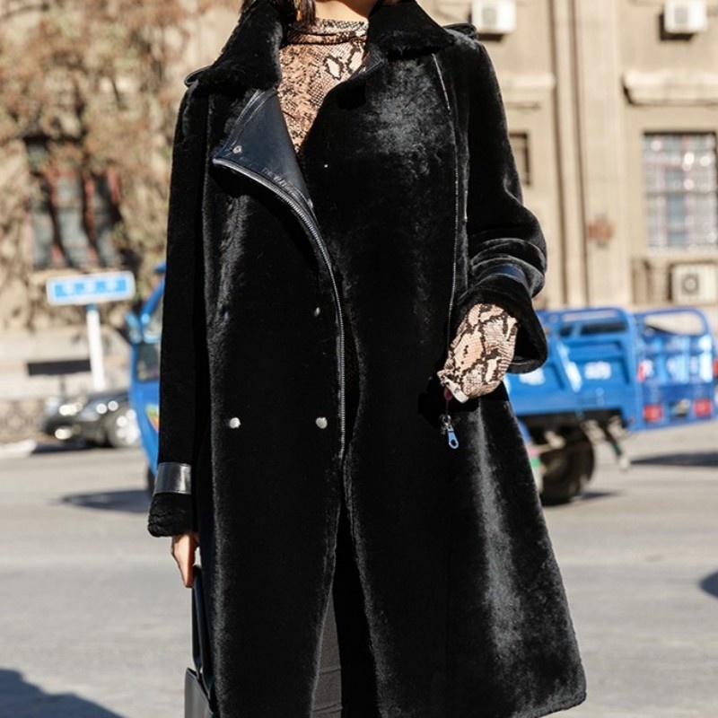 

Women's Fur & Faux Women Winter Real Coat Sheepskin Shearling Overcoat Luxury Military Style Female Slim Fit Warm Natural Long Jacket, Black