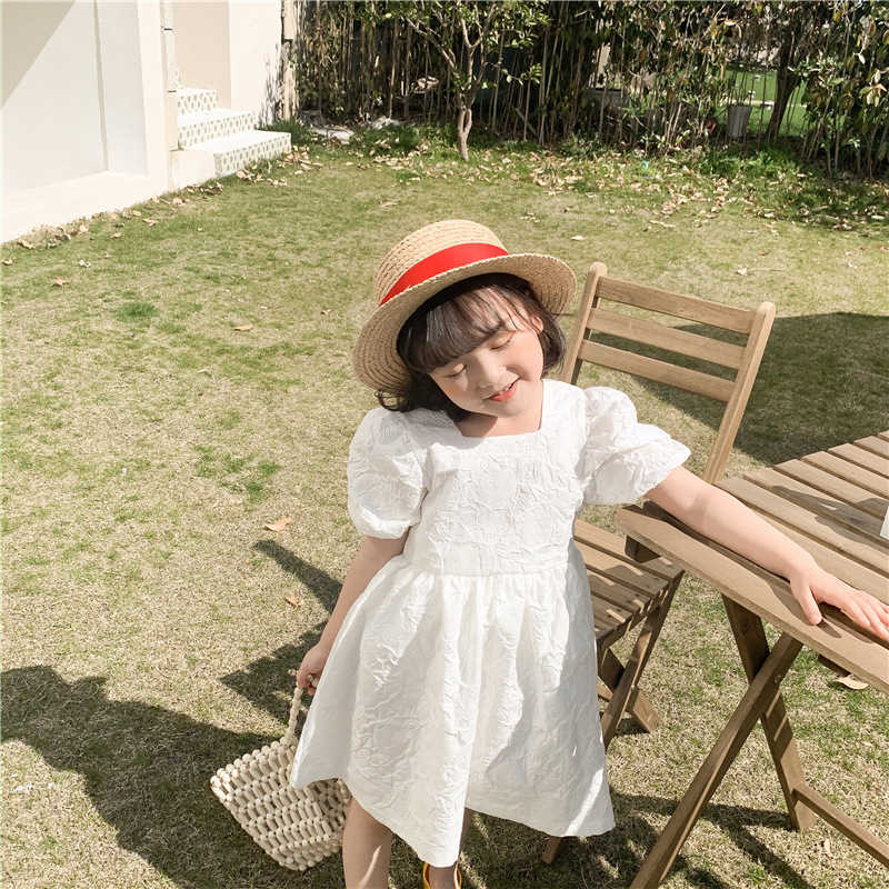 

Summer cute girls casual puff sleeve dresses 2-7 years kids clothes cotton soft princess dress 210615, White