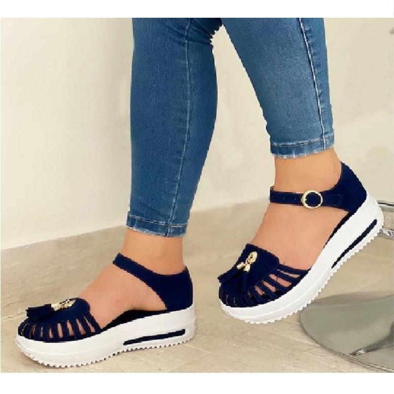 

Summer Women Gladiator Flats Shoes Round Toe Platform Beach Sandals Hollow Out Buckle Strap Ladies Big Size, Black