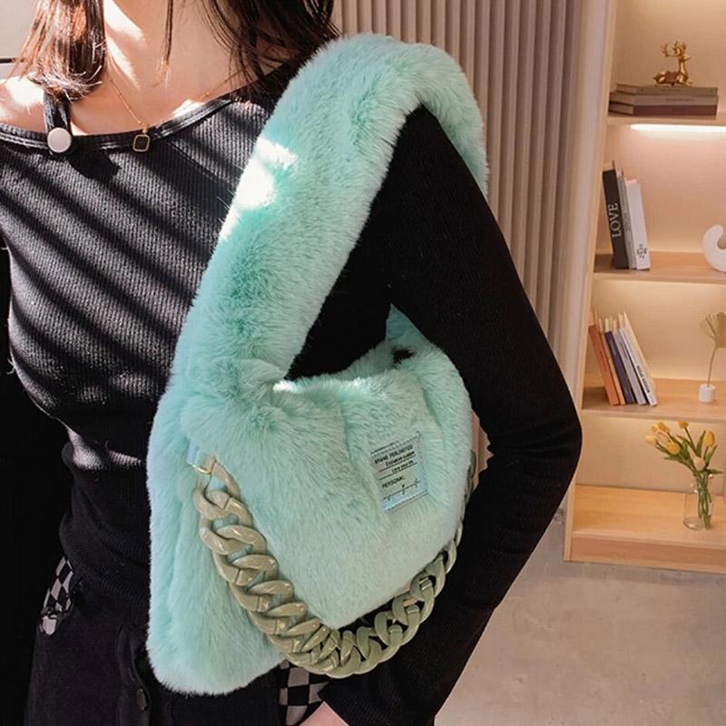 

Evening Bags 2022 Winter Faux Fur Armpit Bag Women Chain Brand Shoulder Quality Soft Plush Women's Designer Handbags Lady Phone Purse