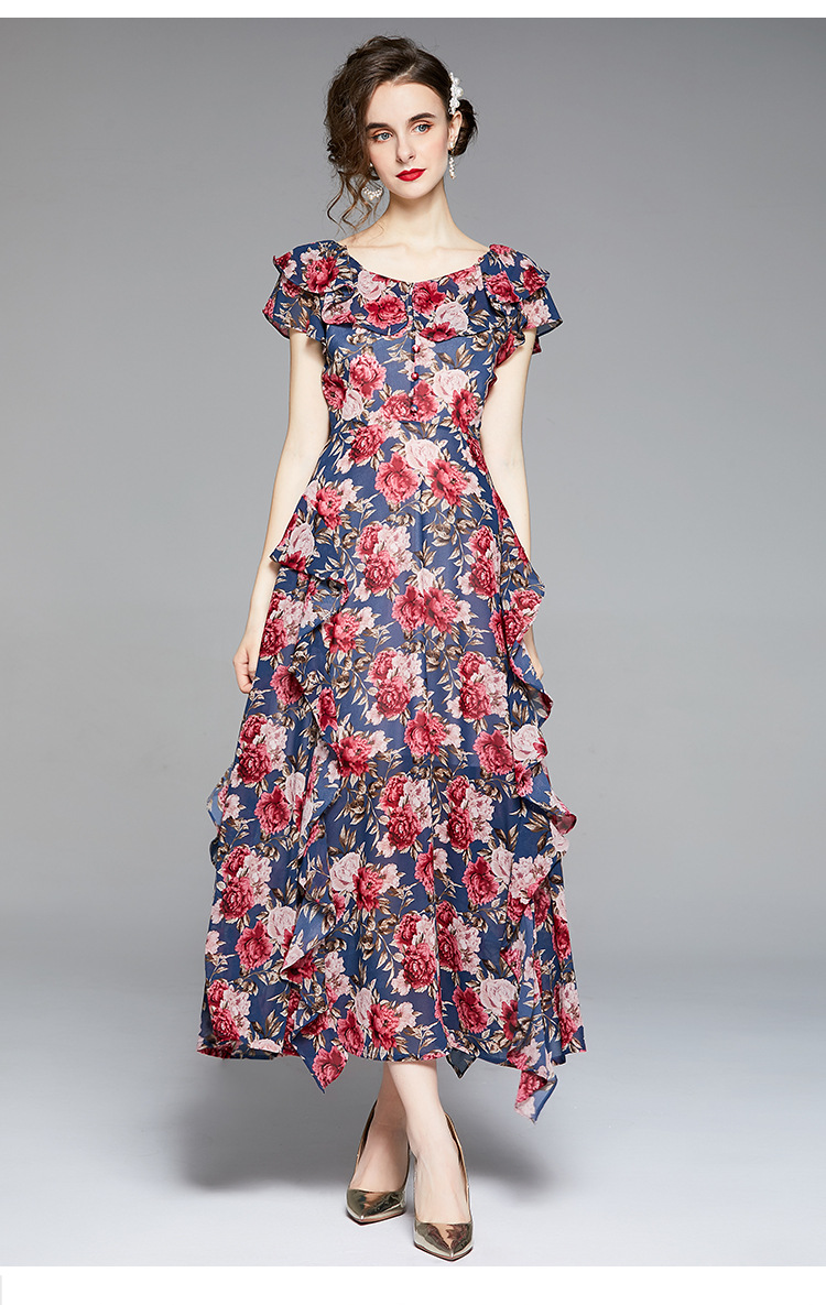 

floral printing dresses slash neck 2021 women's fashion ruffle dress short sleeve empire lady's summer holiday casual wear, Black;gray