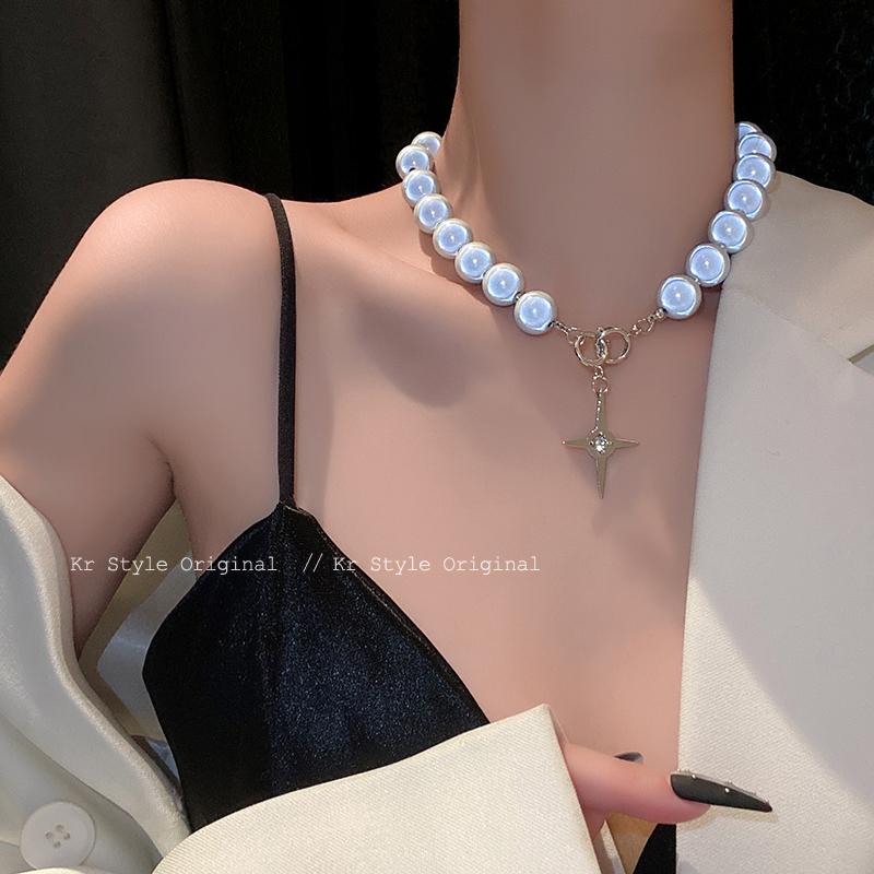 

Chains Light Luxury Small Crowd Love Star Awn Luminous Pearl Necklace Women's 2021 Hip Hop Fashion Collar, Silver