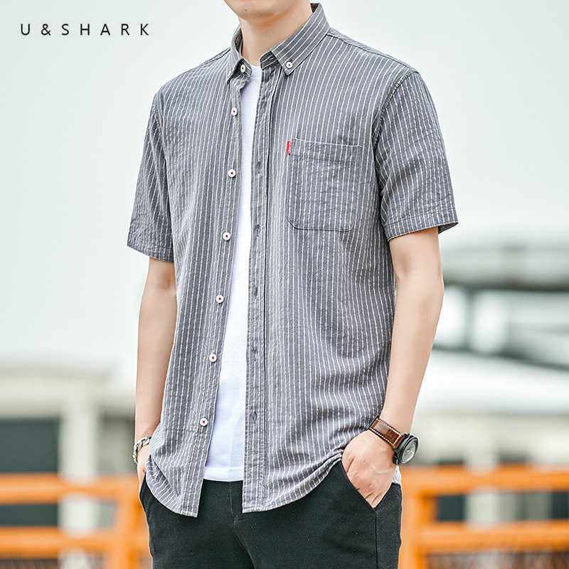 

U&SHARK Summer Short Sleeve Grey Striped Dress Shirt Men Blouses Korean Clothes High Quality 100% Cotton Casual Shirt Male 210603