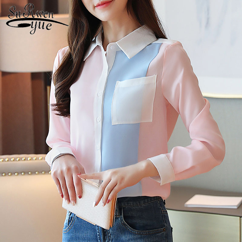 

Casual Spliced Women Clothing Office Lady Shirts Autumn Fashion Chiffon Blouses Long Sleeve Pocket Tops 6196 50 210521, Pink