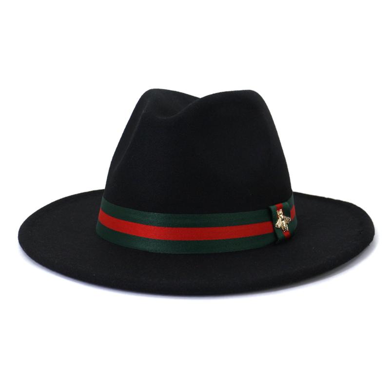 

Wide Brim Hats Solid Color Bee Chain Single Side Wool Felt Jazz Fedora Elegant Men Women Panama Trilby Cap Wholesale, 02