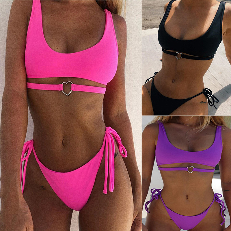 

Heart Ring Hot Pink Swumsuit Woman Bikini Set High Waist Cute Swimsuit Neon Green Bandage Swimwear Female Bathing Suit HalterTop, Black