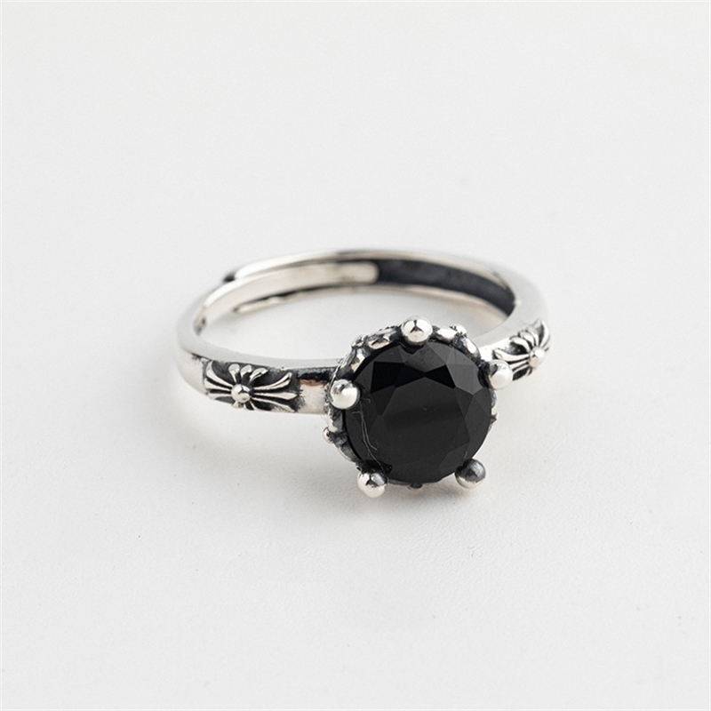 

japanese and korean style new s925 sterling girl's thai opening set zircon silver ring fashion trend hand decoration, Black