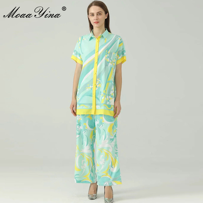

Fashion Designer Summer Printed Loose Pants Suit Women's Short sleeve Long Shirts and Wide Leg Two Pieces Set 210524, Light green
