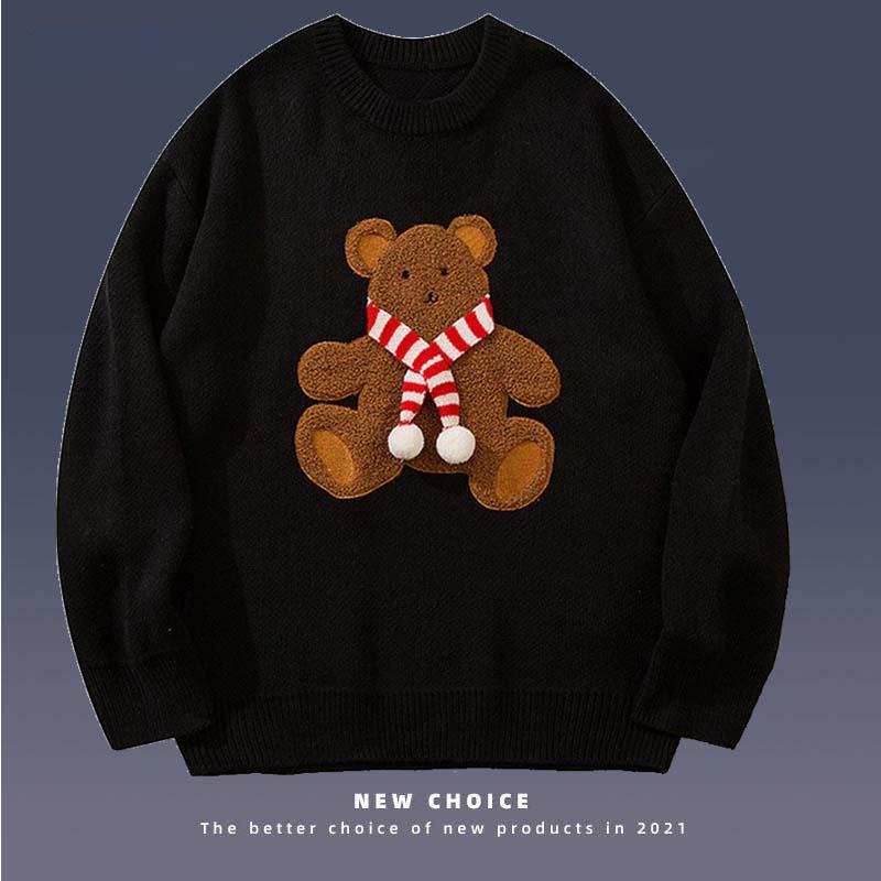 

Men's Sweaters Retro Sweater Men Streetwear Cute Furry Bear Patch O-Neck Pullovers Mens Harajuku Hip Hop College All-match Knitted Tops Coup, White;black