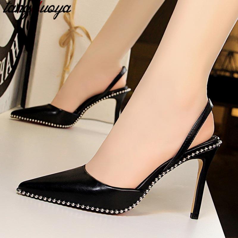 

Sandals Sexy Women's High-heeled Rivet Pointed Toe Stiletto Nightclub Party Zapatos De Mujer, Black