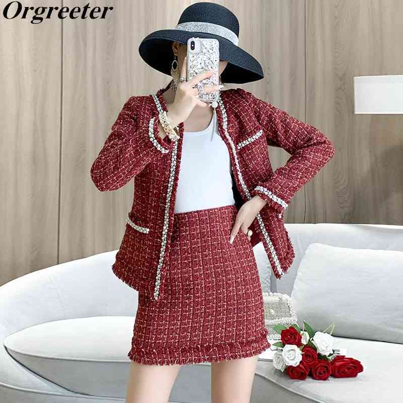 

Top Quality Fall Winter Tassel Gold stitching Plaid Beaded Tweed Coat and Women High waist A-line Skirt Woolen 2PCS Set 210525, Burgundy