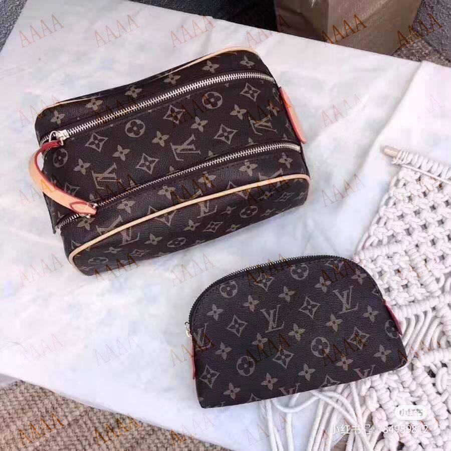 

lv louis 5 vitton 2 Piece Set Women Leather Double Zipper Makeup Bag+Wallet Makeup bag toiletry bag 26*15*15cm, Red;black