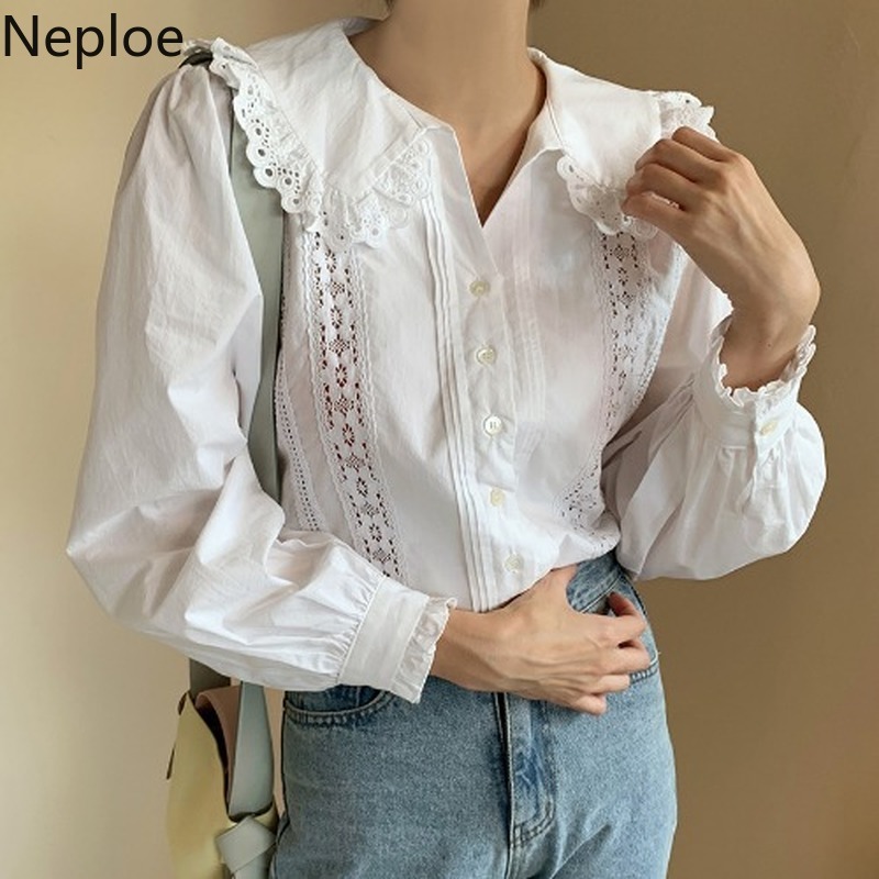 Neploe Women's Blouse Solid Patchwork Lace Loose Shirts Tops Korean Sweet Hollow Out Turn Down Collar Puff Sleeve Blusas Mujer 210422