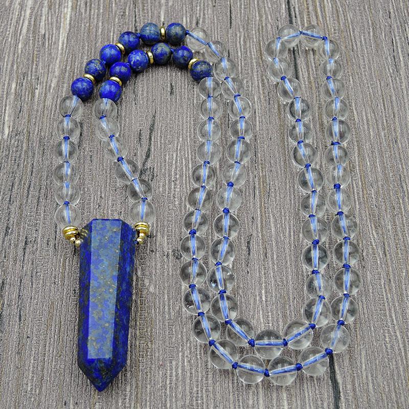 

Pendant Necklaces Natural Lapis Lazuli Point Pendants 8mm Clear Quartz Crystal Round Beads Knot Handmade 30inch 40inch