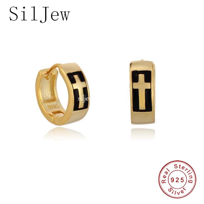 

Hoop & Huggie SilJew925 Sterling Silve Fashion Personality Wide-Brimmed Black Cross Geometric Ear Ring Bone Buckle Cute Trend Jewelry