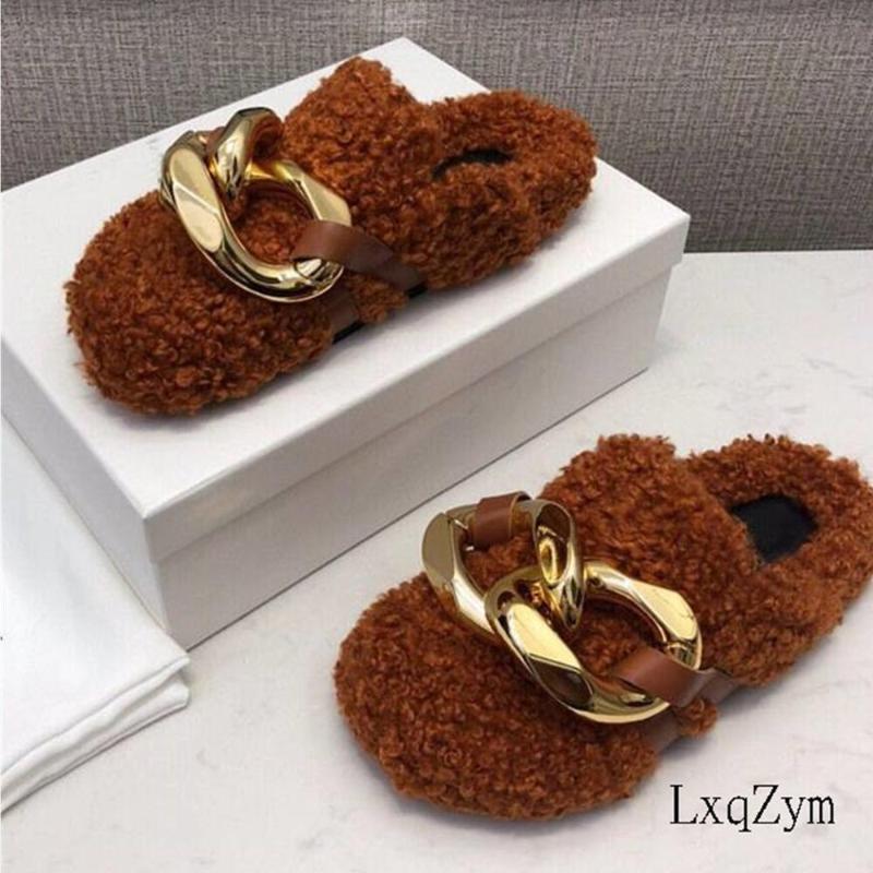 

Style Gold Chain Closed Toe Slippers Women Men Lmitation Wool Thick Sole Mules Round Low Heels Big Size 34~44, As show