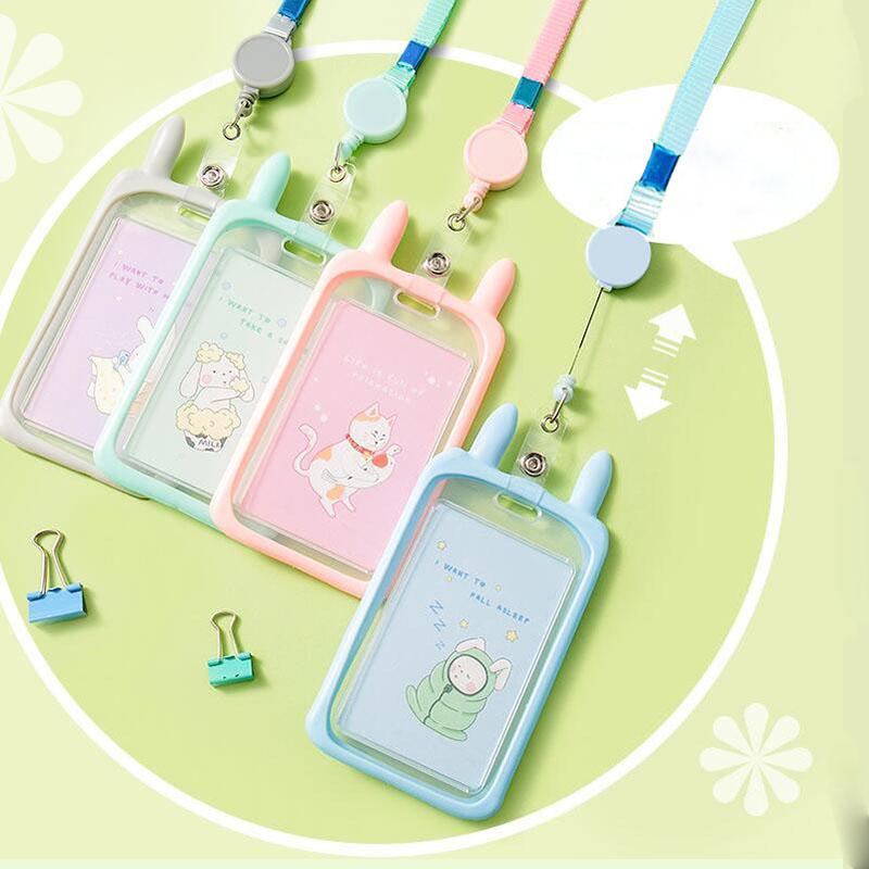 

Card Holders Student Bus Cover Case With Lanyard Adjustable Retractable Cartoon Ear Work Holder Bags Wallet, Green