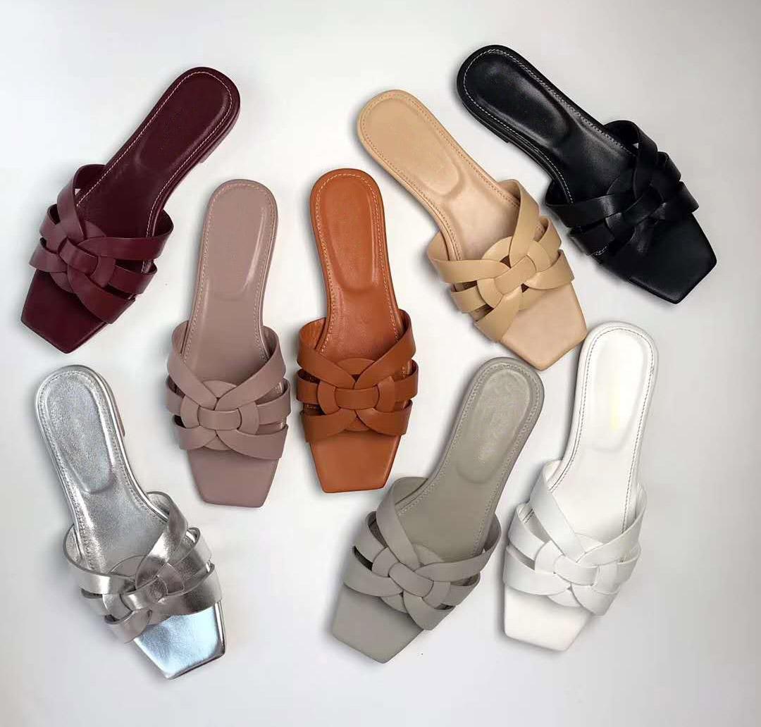 

YSLDesigner- Shoes Woman Smooth Genuine Leather Sandals Female Slides Summer Beach tribute Flats LKD, Red