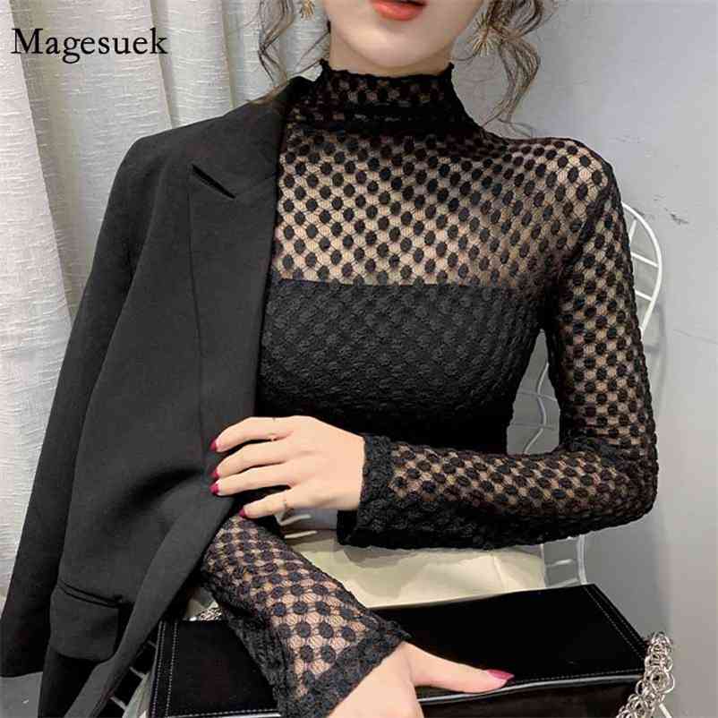 

Sexy Lace Autumn and Winter Bottoming Shirt Women Turtleneck Blouse Dot Mesh Tops High Elasticity 11437 210518, Apricot