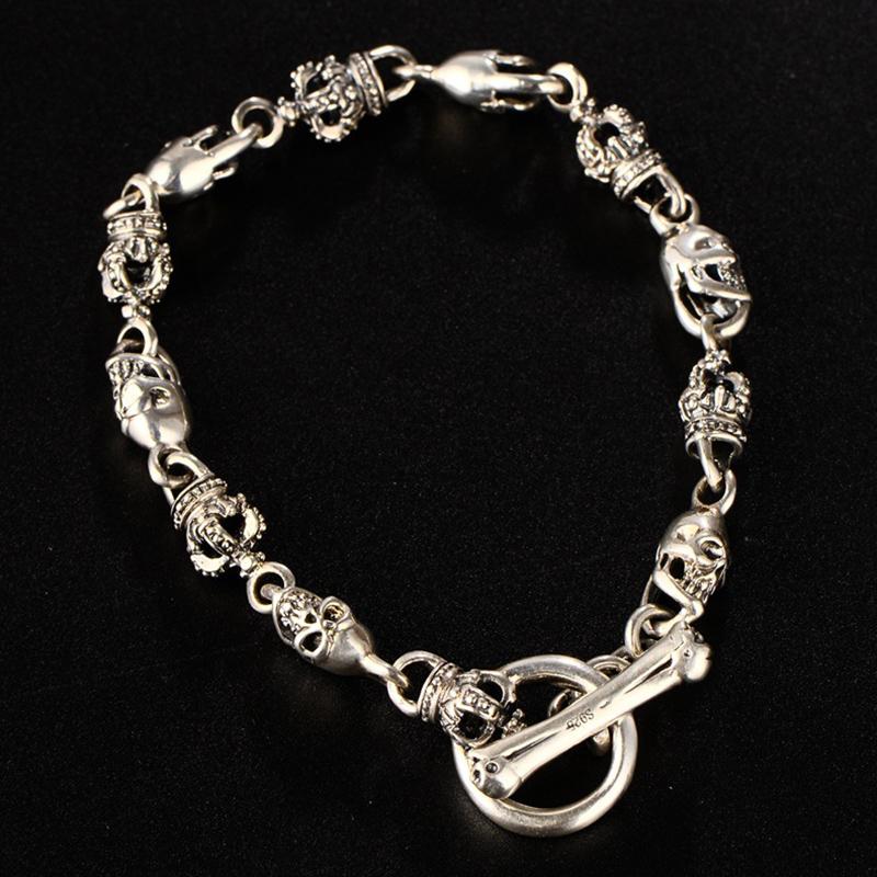 

Charm Bracelets Real 925 Sterling Silver Skull Crown Bracelet For Men Women Skeleton Thai Cool Fine Jewelry Birthday Gift