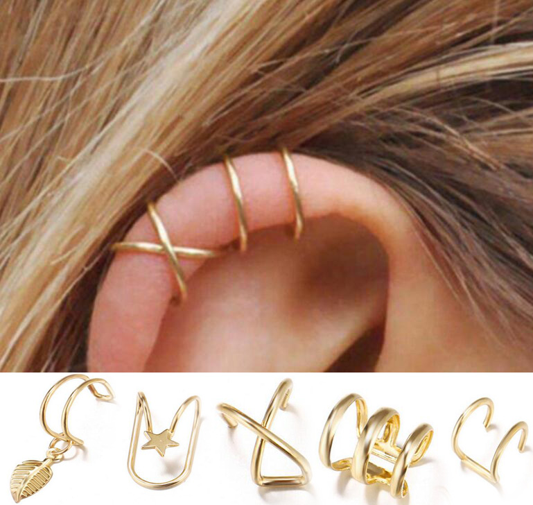 

5pcs/lot Star Leaf Clip on Screw Back earrings C shape Silver gold leaves dangle Hoop earring fashion women ear cuff