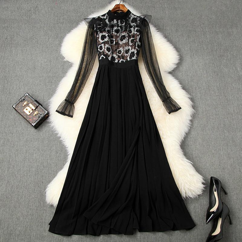 

Casual Dresses High Quality Vintage Party Robe Elegant Lace Cocktail Vestidos Women Runway Designer Luxury Long Maxi Pleated Dress, Black