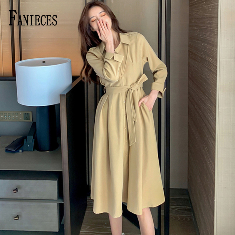 

Women Midi Party Shirt Dress With Belt Long Sleeve Spring Autumn Casual Dresses femme robe vestido de mulher kobieta sukienka 210520, Pink