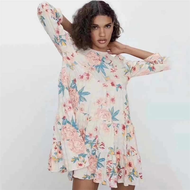 

women print dress summer o-neck floral long sleeve A-line pleated short fashion female 210524, Mixed color
