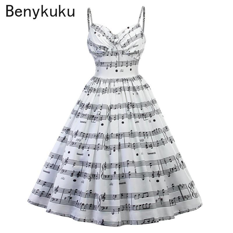 

Music Note Print V-neck Rockabilly Pin Up Party Dress Women Vintage Dresses Sexy Spaghetti Strap Vestidos 4XL Plus Size Clothing Casual, Musical note