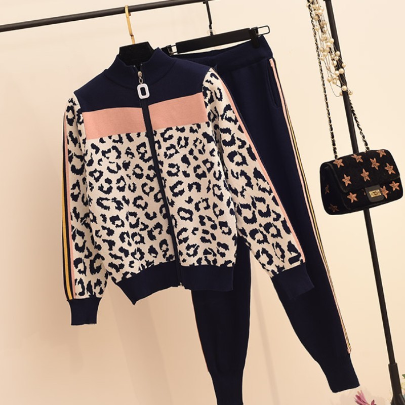 

Women Leopard Print Zipper Long-sleeved Cardigans + casual Pants 2pcs Knitting Tracksuits Stretchy Sporty Jumper Trousers Suit 210518, Photo color