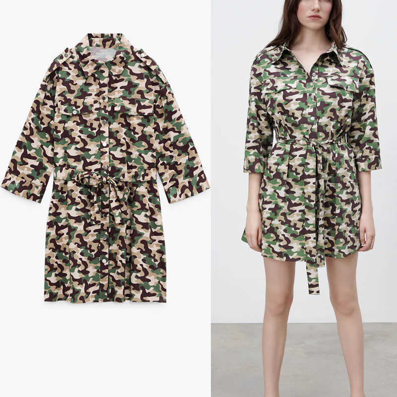 

Za Camouflage Print Shirt Dress Women Vintage Long Sleeve Belted Spring Mini Dresses Woman Button Up Casual Vestidos 210602, As picture