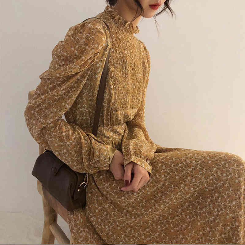 

Paris Girl Vintage Stand Collar Ruched Puff Sleeve A-line Dress Women Floral Print Elastic Waist Female Dresses Spring Vestidos 210524, Apricot