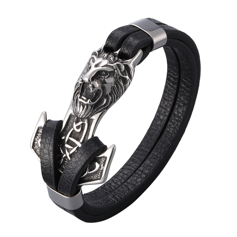 

New Fashion Design Stainless Steel Lion Head Anchor Charm Black Leather Bracelet