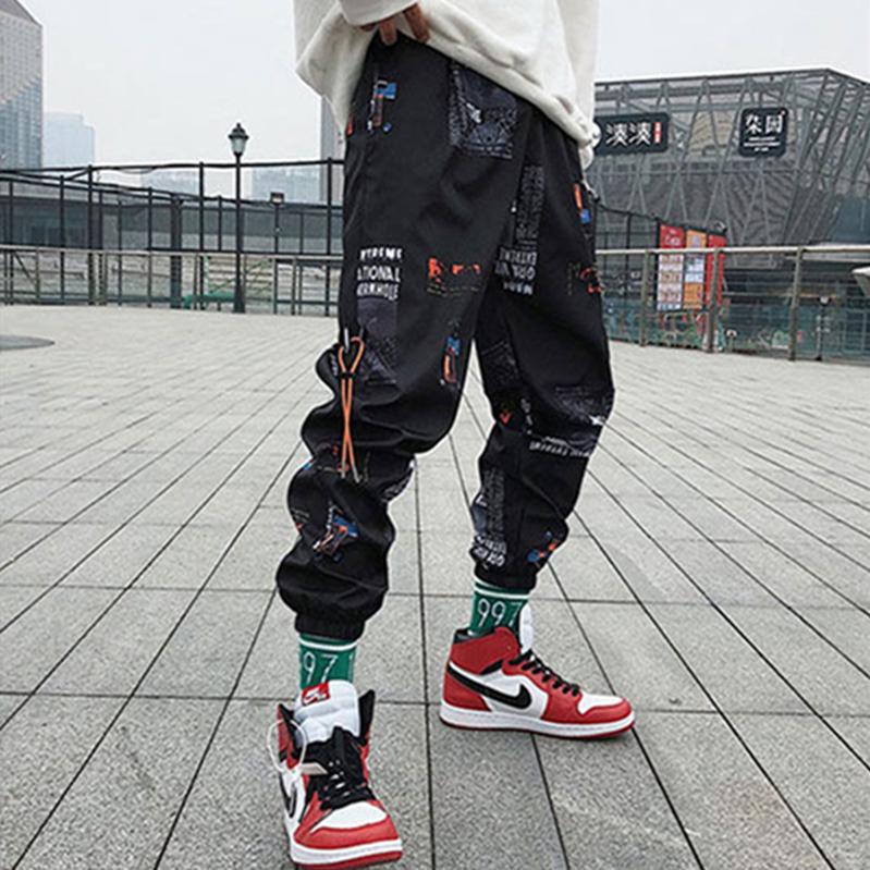 

Men's Pants Hip Hop Men Loose Joggers With Print Streetwear Harem Clothes Ankle Length Trousers Harajuku Sport Casual, Black