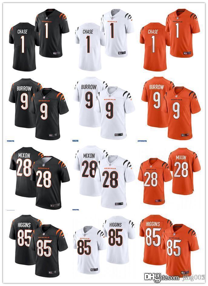 

Mens Womens Youth 9 Joe Burrow 1 Ja'Marr Chase 28 Joe Mixon 85 Tee Higgins orange white black Custom Football Jersey, Black;red