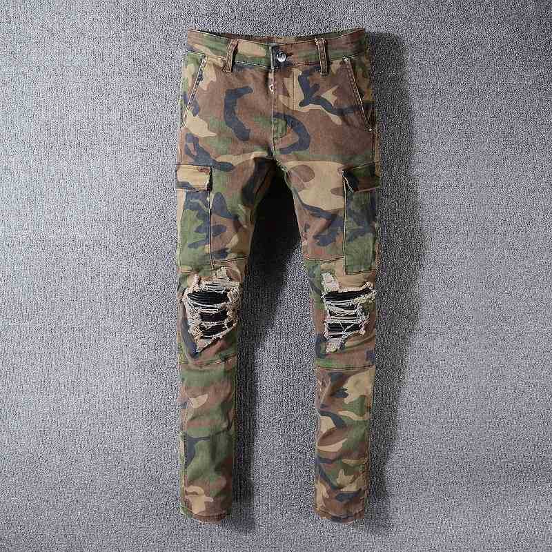 

Brand Autumn Amir Jeans Men's Personality Patch Camouflage Perforated Pants Elastic Slim Leggings Q5YR, Black