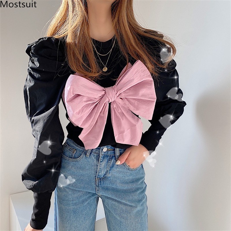 

Spring Autumn Puff Sleeve Patchwork Sweater Women Korean Sweet Slim Bow O-neck Knitted Pullover Tops Ladies Jumpers 210518, Black