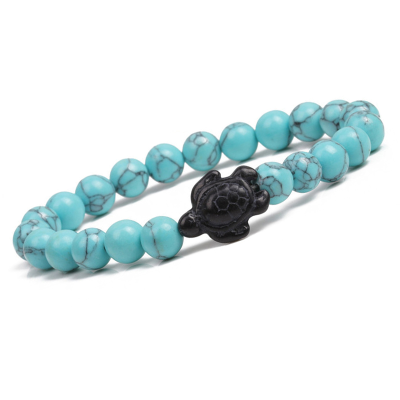 

Turtle Bead Bracelet Ladies Mens Classic 14 Color Natural Lava Stone Elastic Friendship Bracelet Beach Accessories, Black