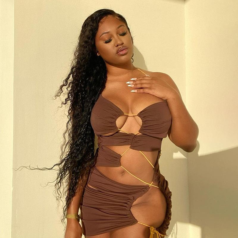 

Casual Dresses Sexy Lace Up Backless Skinny Bodycon Hollow Out Bandage Drawstring Halter Mini For Women Party Club Girl Outfits, Brown