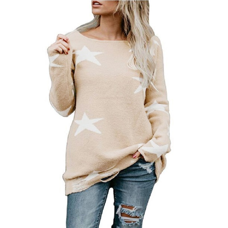 

Women's Stars Print Pullover Sweater Female Long Sleeve Autumn Winter Vintage Knitted Off Shoulder V Neck Sweater Jumper Sueter 210521, Black