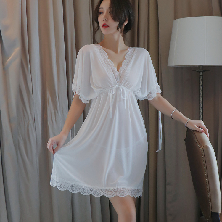 

new female casual v-neck night dress women mesh lace nightgowns transparent loose sleepwear home clothes nightwear slips, Black;white