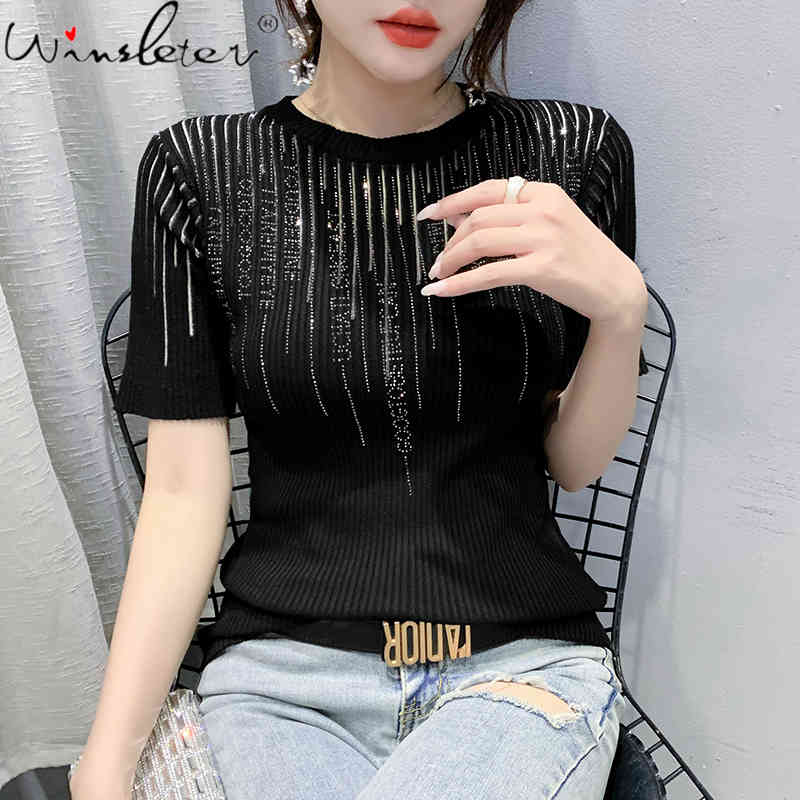

Women's T-Shirt Summer Korean Clothes Knit T-shirt Sexy Diamonds Transparent Women Tops Short Sleeve Elastic Bottoming Shirt Tees, Black t shirt