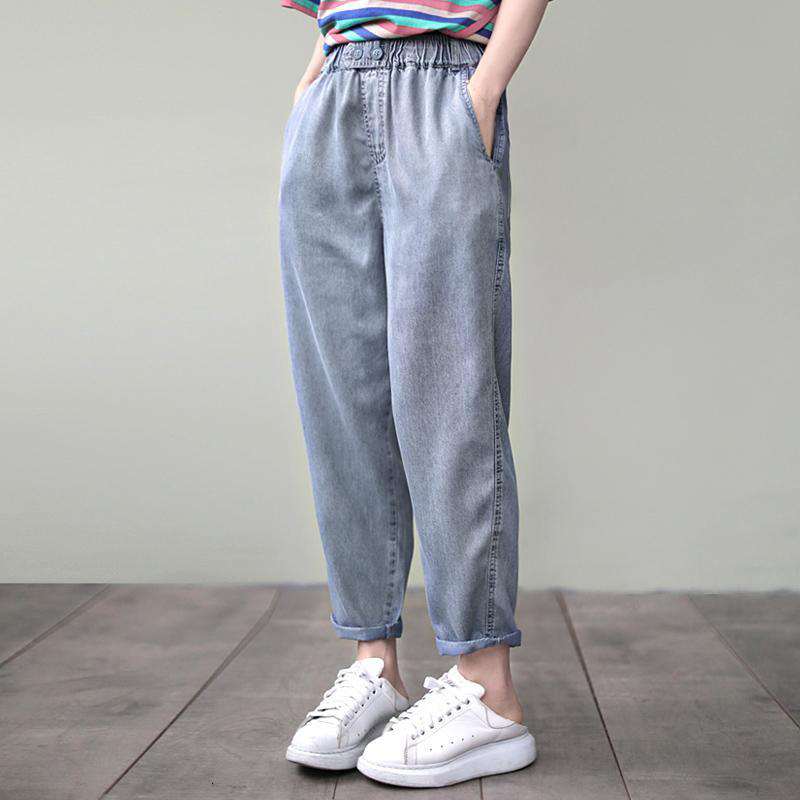 jean Arrival Spring Summer Korea Fashion Women Elastic Waist Loose Vintage Jeans All-matched Casual Tencel Denim Harem Pants S820 Vjxc-image-672451950