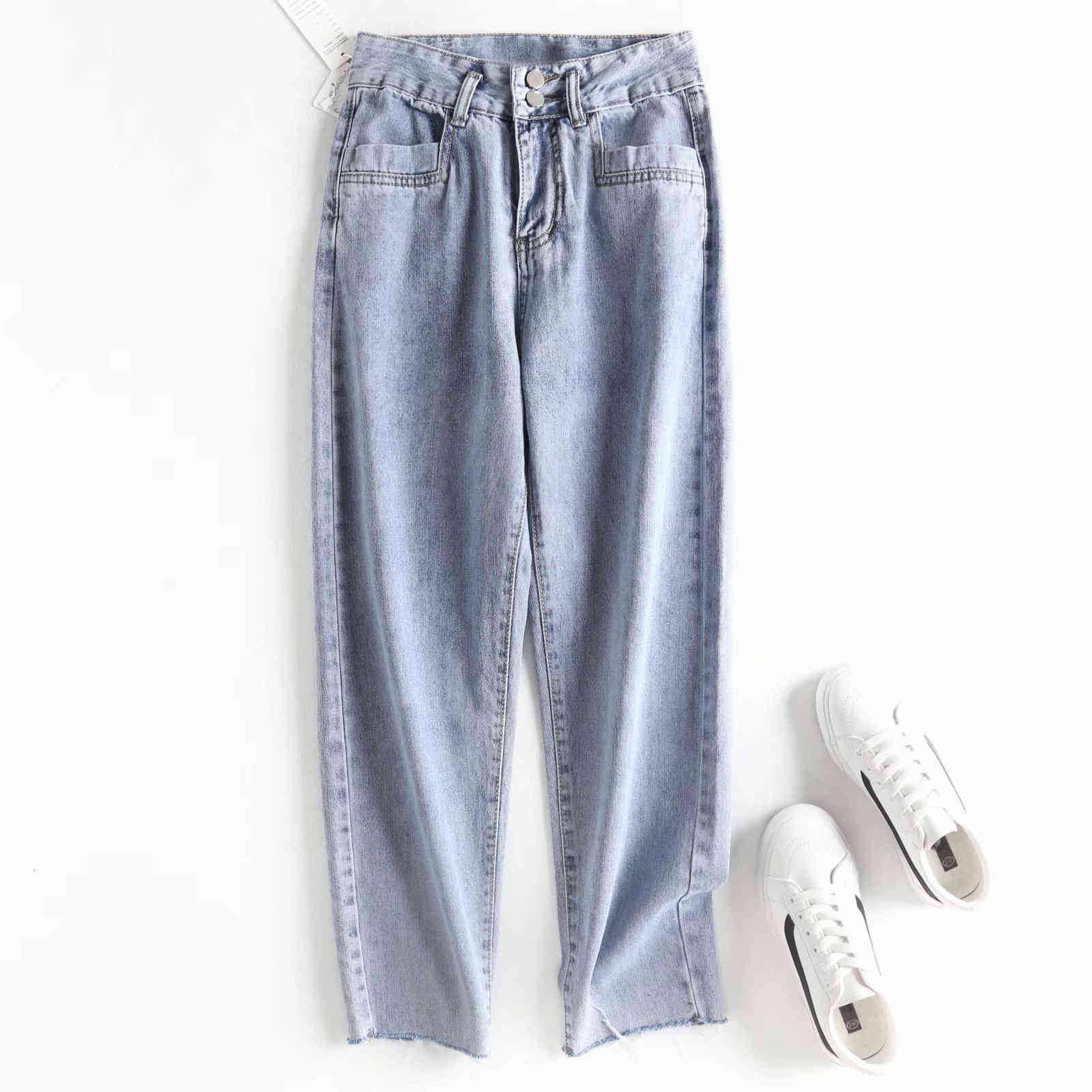 

jeans m3720 - korean women's clothing spring and autumn 2021 high waist two button pocket lace for women, Blue