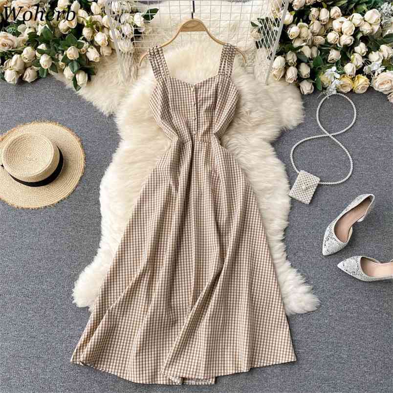 

Korean Fashion Women Dress Summer Sleeveless Vintage Plaid Spaghetti Strap Vestidos Temperament Slim Midi Dresses 210519, Red