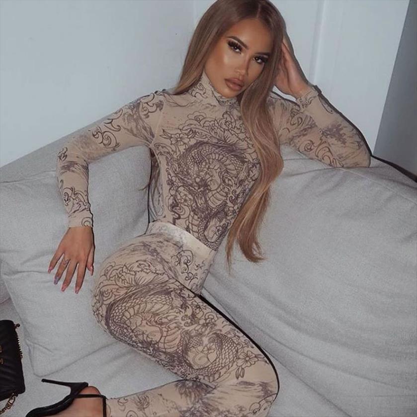 

Fashion Casual 2piece Outfits Womens Pants Trendy Dragon Print Long Sleeve Turtleneck Bodysuit Tops Skinny Clothes Sets, White