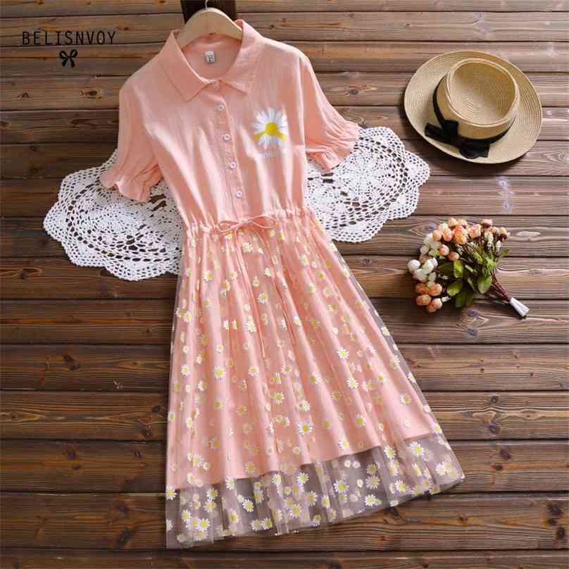 

Mori Girl Summer Women Patchwork Mesh Dress Turn-Down Collar Cotton Little Daisy Floral Printed Sweet Party 210520, Pink