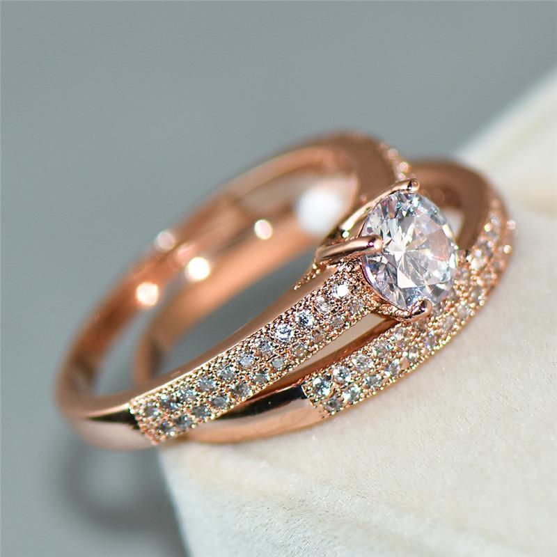 

Luxury Female Crystal Zircon Wedding Ring Set 18KT Rose Gold Filled Fashion Jewelry Promise Love Engagement Rings For Women Band