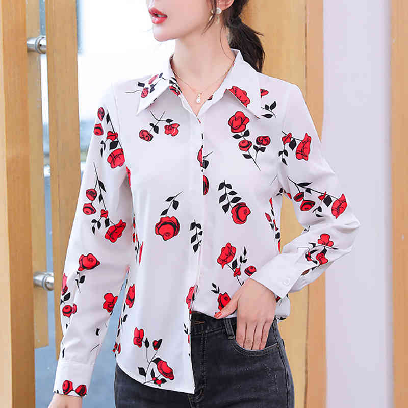 

Women' Blouses & Shirts shintimes Autumn Vintage Rose Print Blusas Chiffon Blouse Korean Fashion Clothing Women Long Sleeve Butto, White